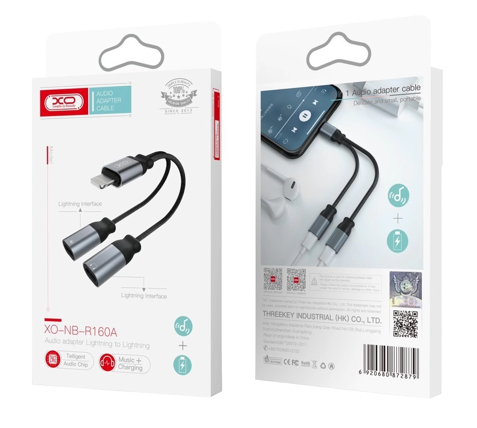 Ljudadapter Lightning - 2 x Lightning XO Design NB-R160A, Grå