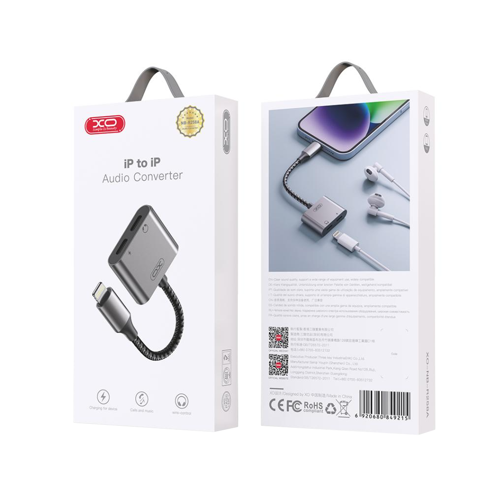 Audioadapter Lightning - 2 x Lightning XO Design NB-R258A, Grå