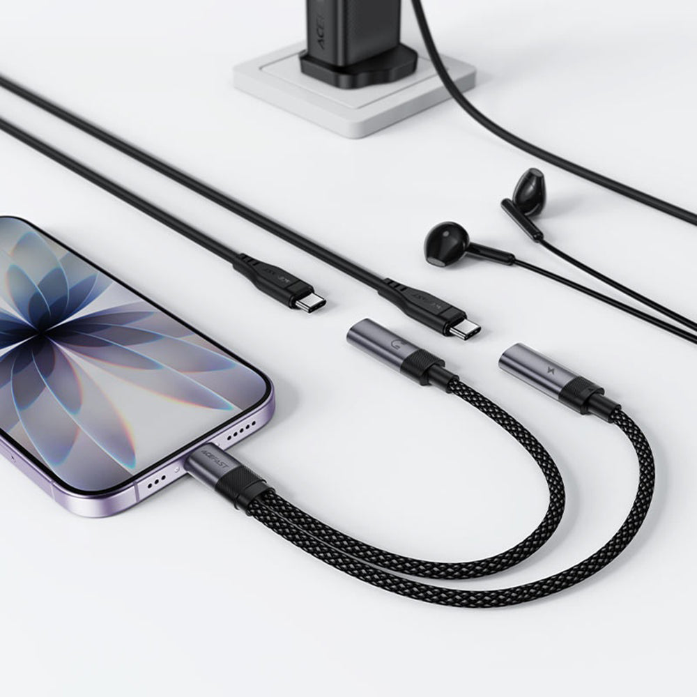 USB-C-ljudadapter - 2 x USB-C Acefast J14, Svart