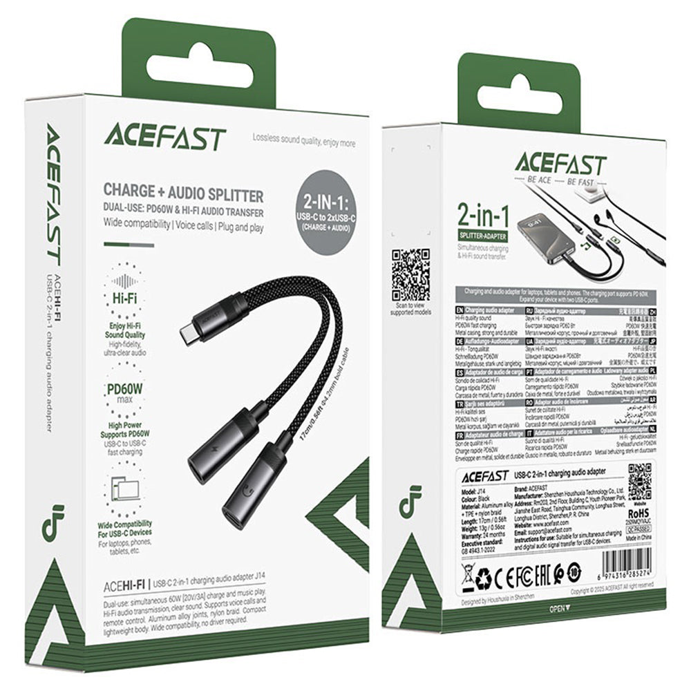 USB-C-ljudadapter - 2 x USB-C Acefast J14, Svart