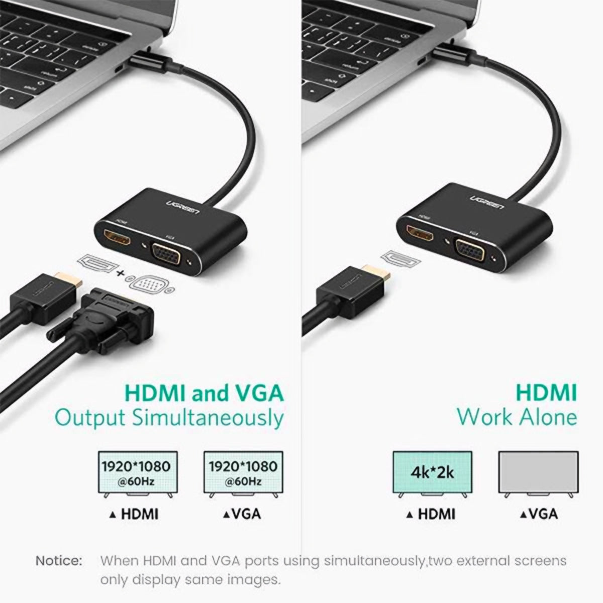 UGREEN CM449 Videoadapter, USB-A - HDMI / VGA, 1080P, Grå