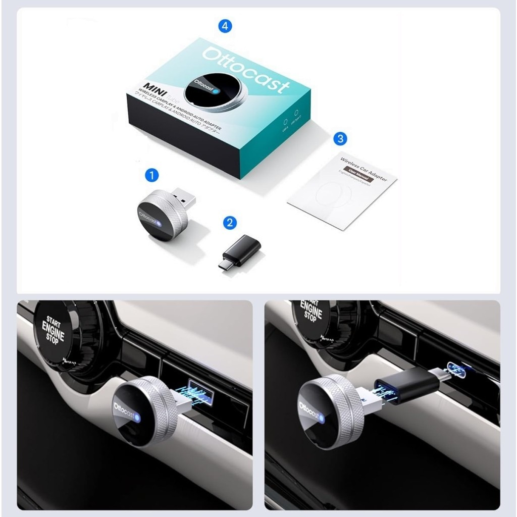 Trådlös Carplay / Android Auto-adapter Ottocast Mini Slim Tube för Apple iPhone / Android-serien CP88-T4