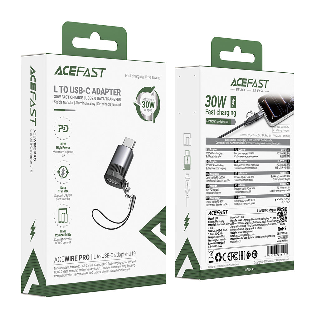 Data- och laddningsadapter Lightning - USB-C Acefast J19, Grå