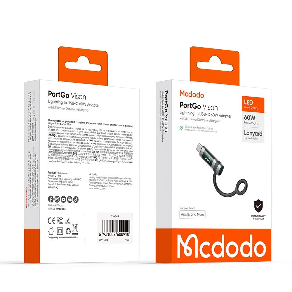 Adapter för data och laddning Lightning - USB-C McDodo OT-0180 Pigeon Display, Svart