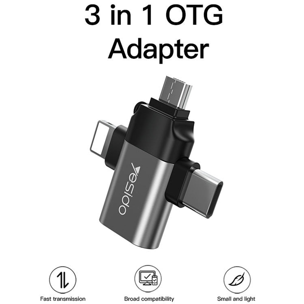 OTG-adapter Lightning / microUSB / USB-C - USB-A Yesido GS15, Svart