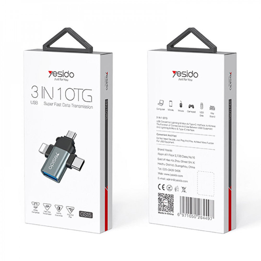 OTG-adapter Lightning / microUSB / USB-C - USB-A Yesido GS15, Svart