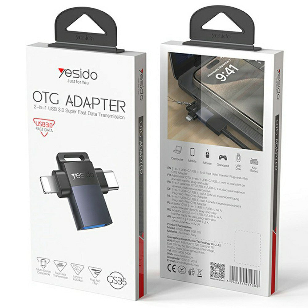 OTG Lightning / USB-C to USB-A Yesido GS35 Adapter, Gray