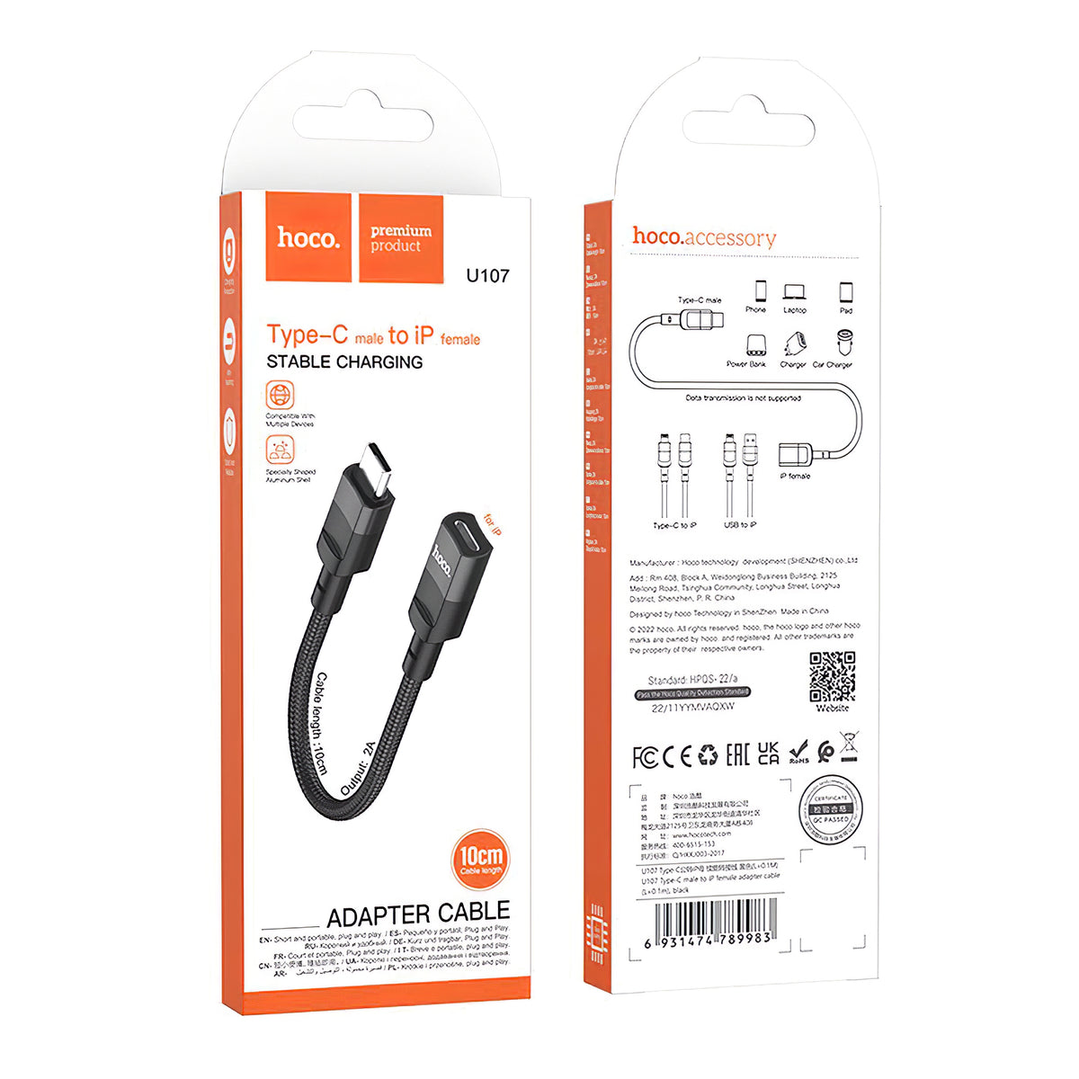 Lightning data- och laddningsadapter - USB-C HOCO U107, 0,1 m, svart