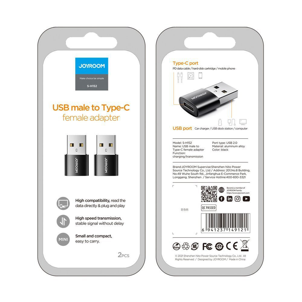 Adapter för data och laddning USB-C - USB-A Joyroom S-H152, Set med 2 stycken, Svart