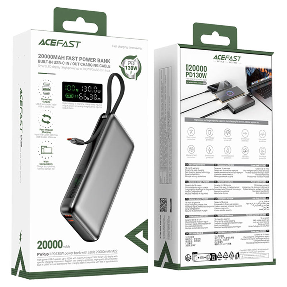 Extern batteri Acefast M22, 20000mAh, 130W, QC + PD, 1 x USB-A - 2 x USB-C, Svart