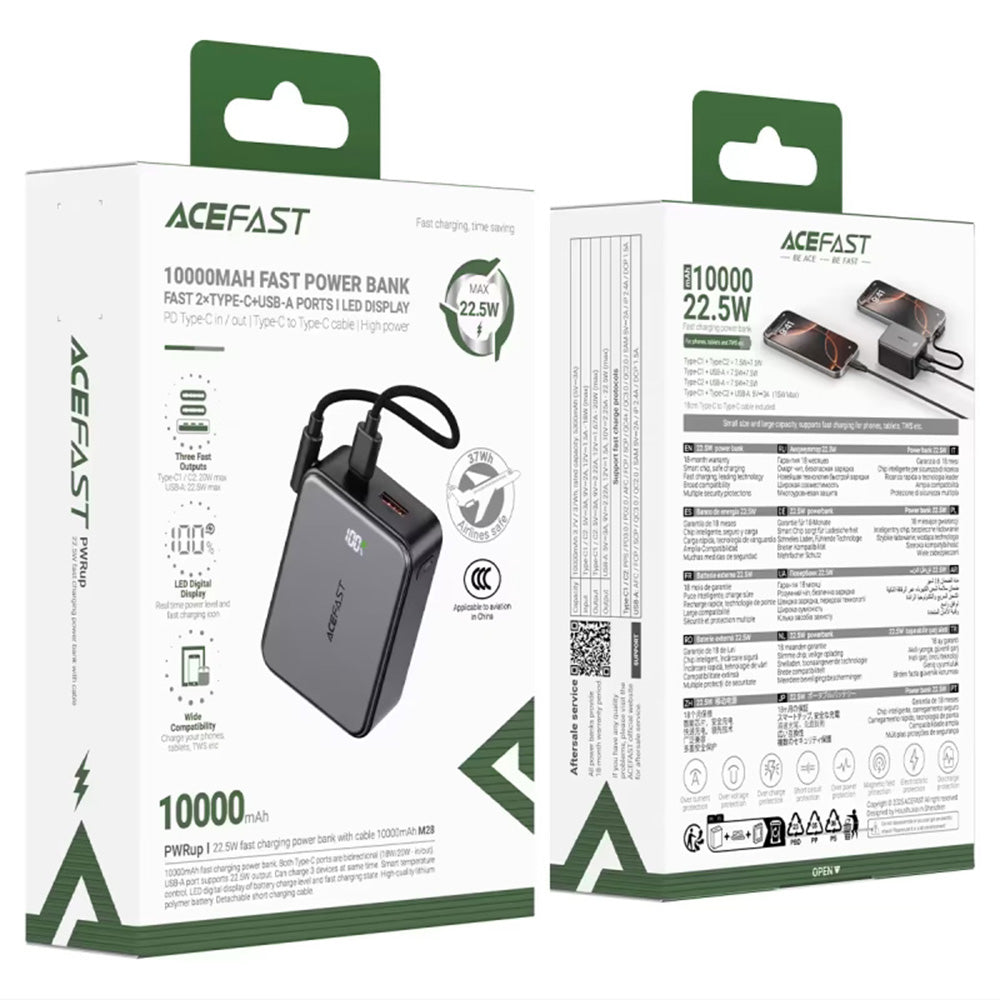 Extern batteri Acefast M28, 10000mAh, 22.5W, QC + PD, 1 x USB-A - 2 x USB-C, Svart
