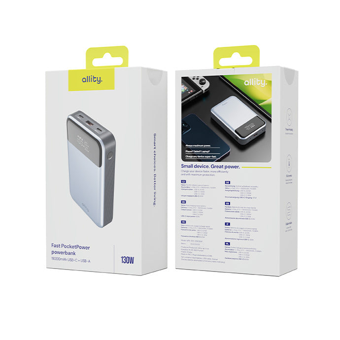 Extern batteri Allity. APB-200 PocketPower, 19200mAh, 130W, QC + PD, 1 x USB-A - 2 x USB-C, Grå
