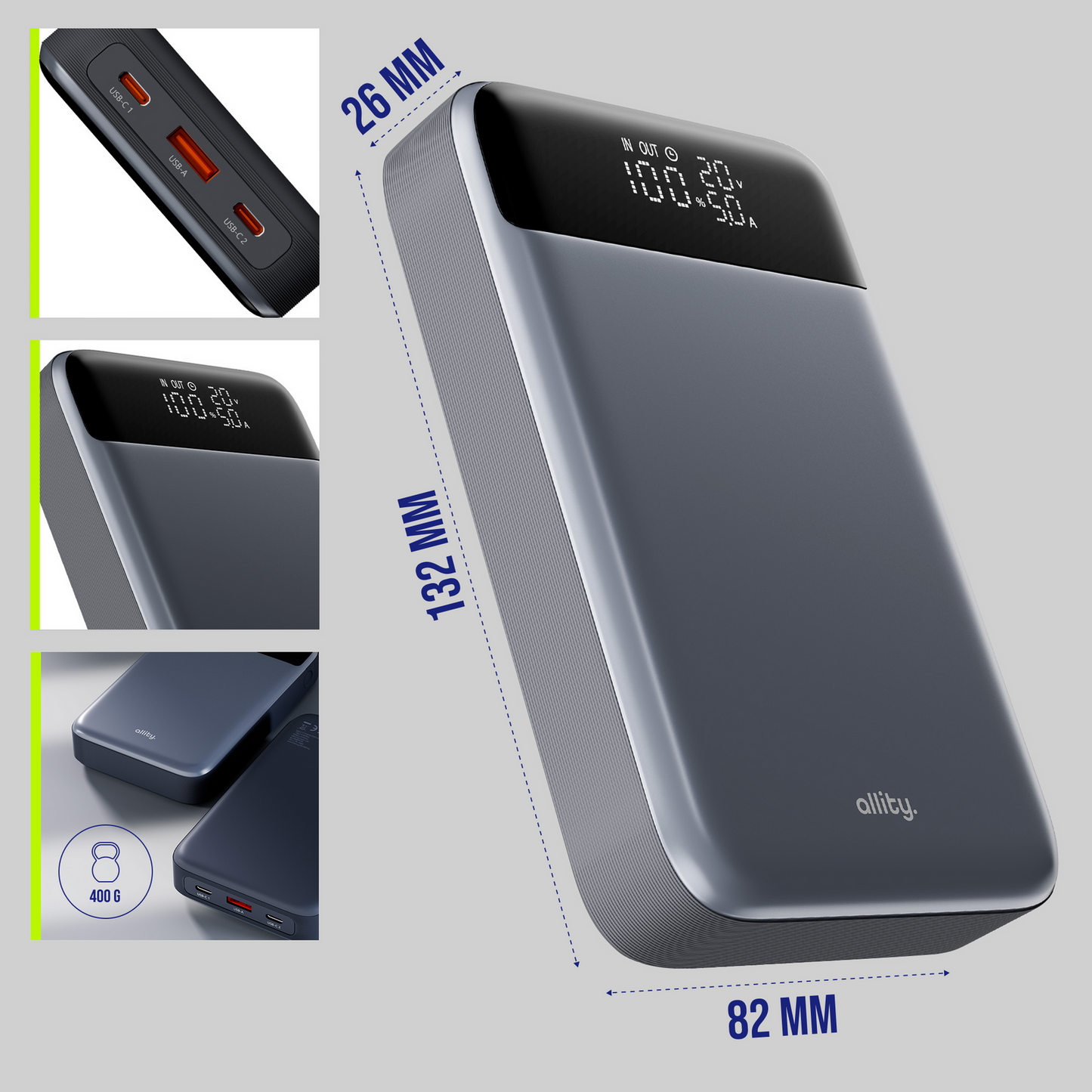 Extern batteri Allity. APB-200 PocketPower, 19200mAh, 130W, QC + PD, 1 x USB-A - 2 x USB-C, Grå