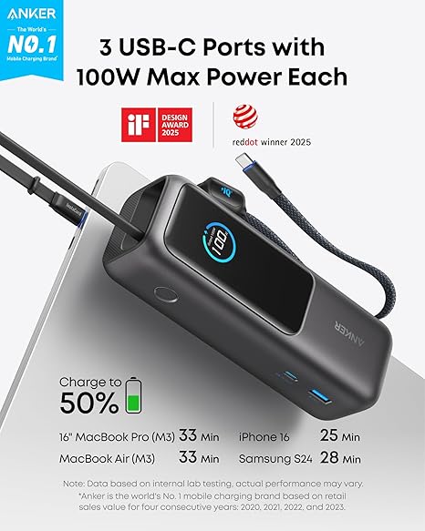 Anker External Battery, 25000mAh, 165W, QC + PD, 1 x USB-A - 3 x USB-C, Gray A1695H11