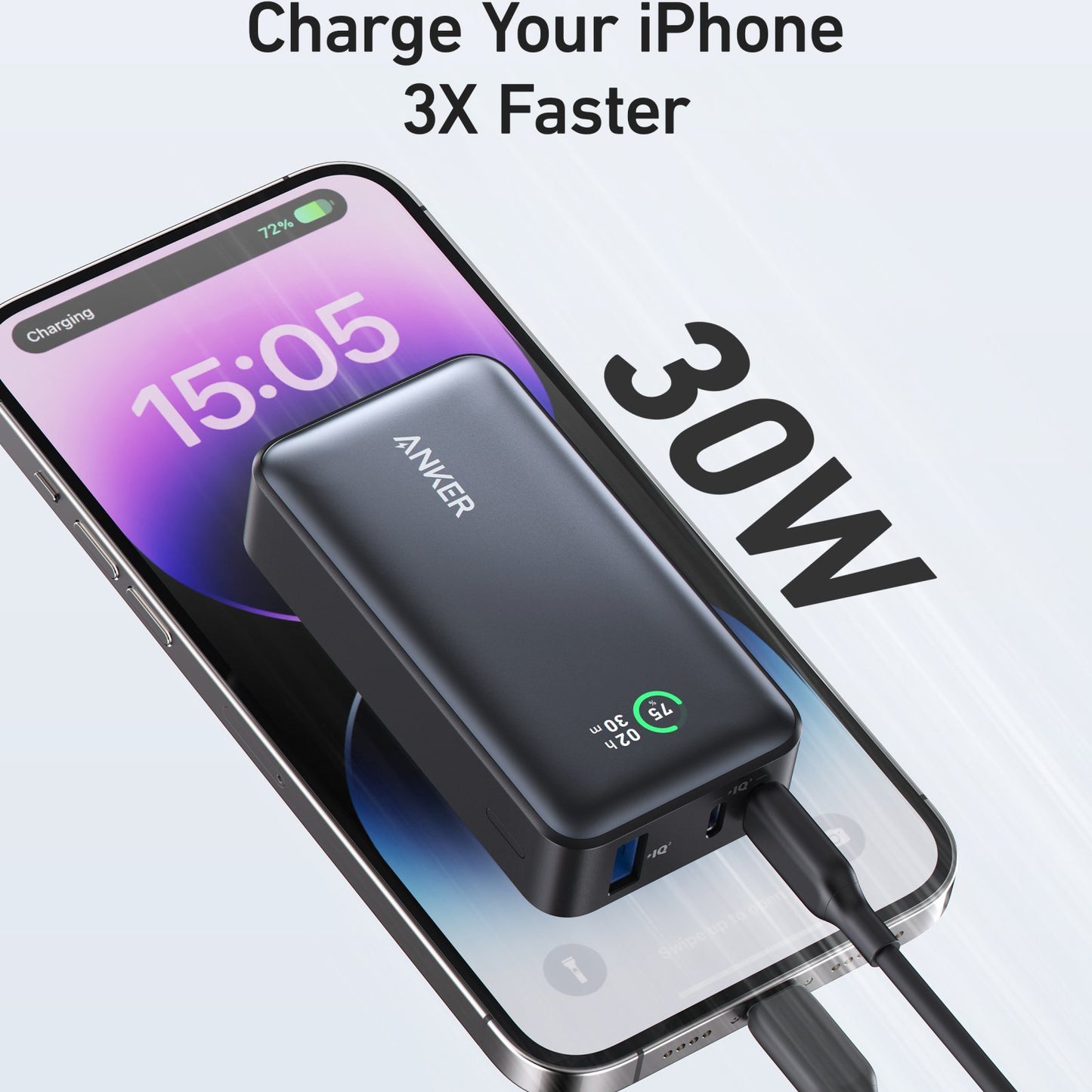 Externt batteri Anker 533, 10000mAh, 30W, QC + PD, 1 x USB-A - 2 x USB-C, Svart A1256G11