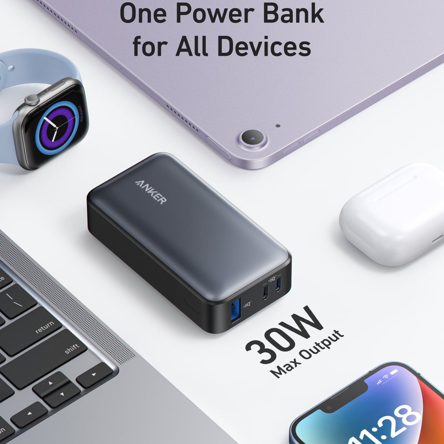 Externt batteri Anker 533, 10000mAh, 30W, QC + PD, 1 x USB-A - 2 x USB-C, Svart A1256G11