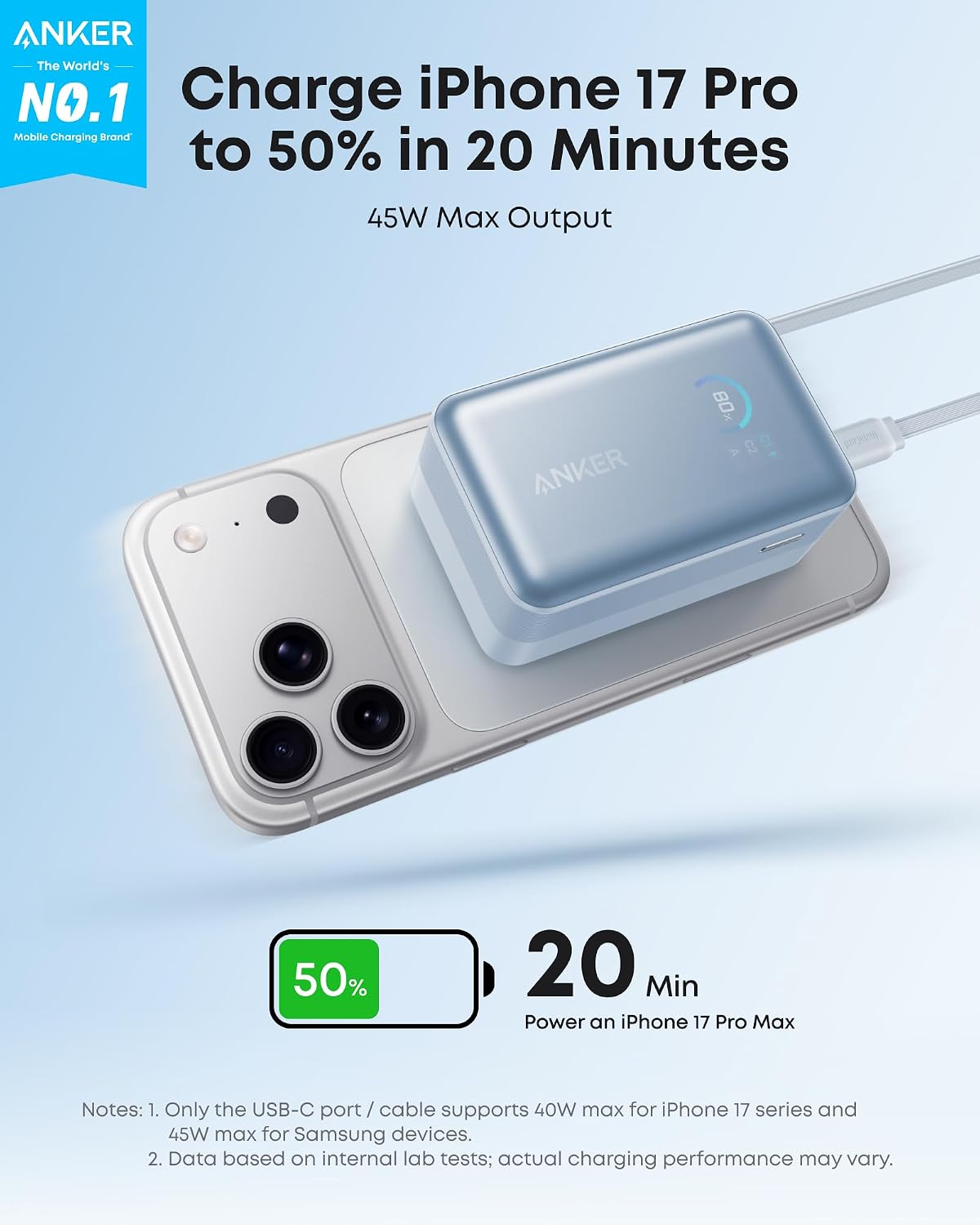 Anker Nano Extern Batteri, 10000mAh, 45W, QC + PD, 1 x USB-A - 2 x USB-C, Blå