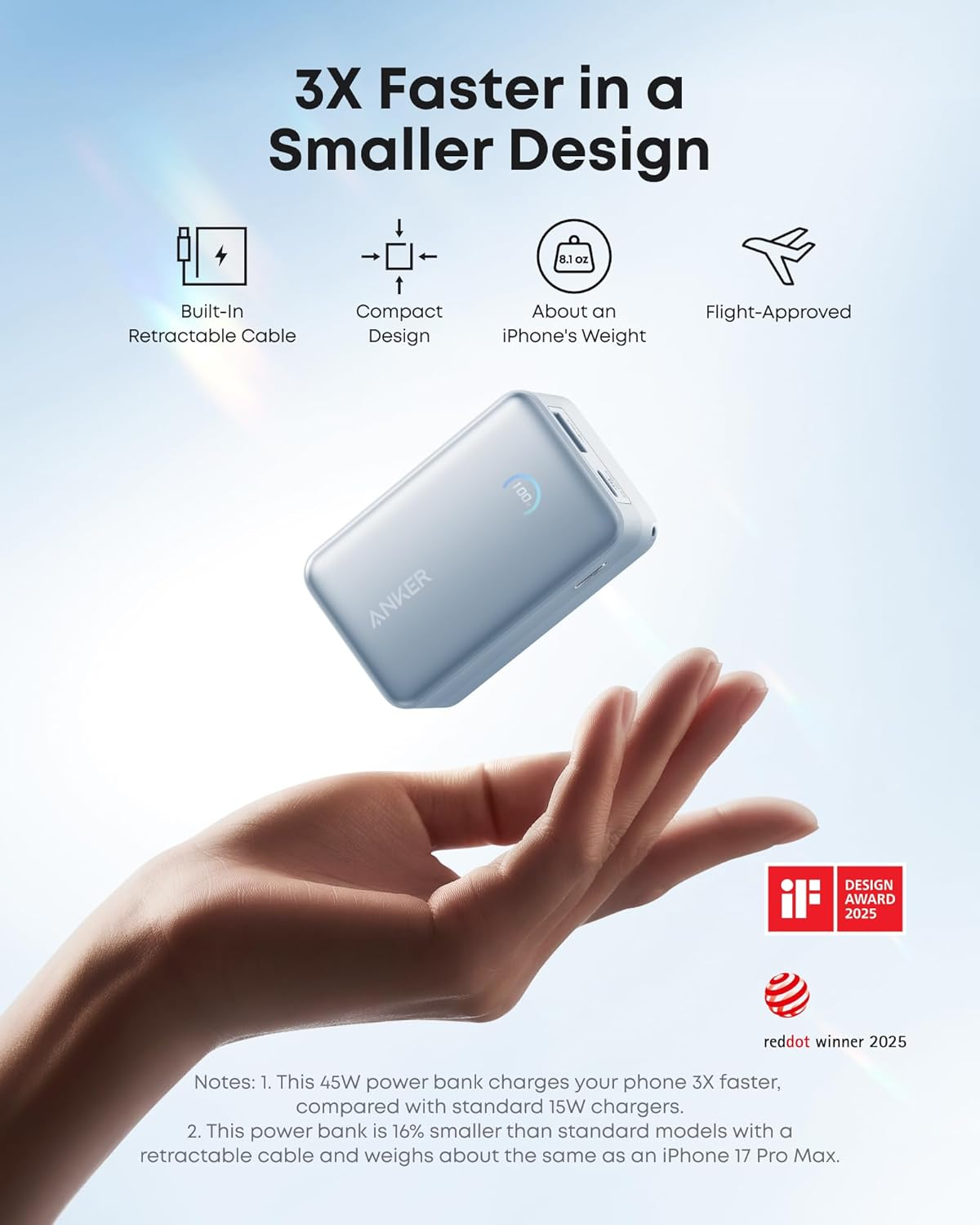 Anker Nano Extern Batteri, 10000mAh, 45W, QC + PD, 1 x USB-A - 2 x USB-C, Blå