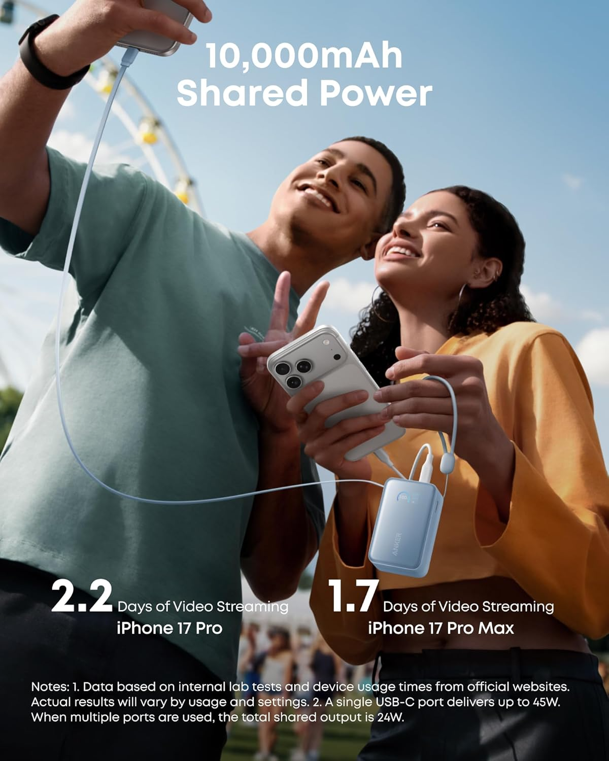 Anker Nano Extern Batteri, 10000mAh, 45W, QC + PD, 1 x USB-A - 2 x USB-C, Blå