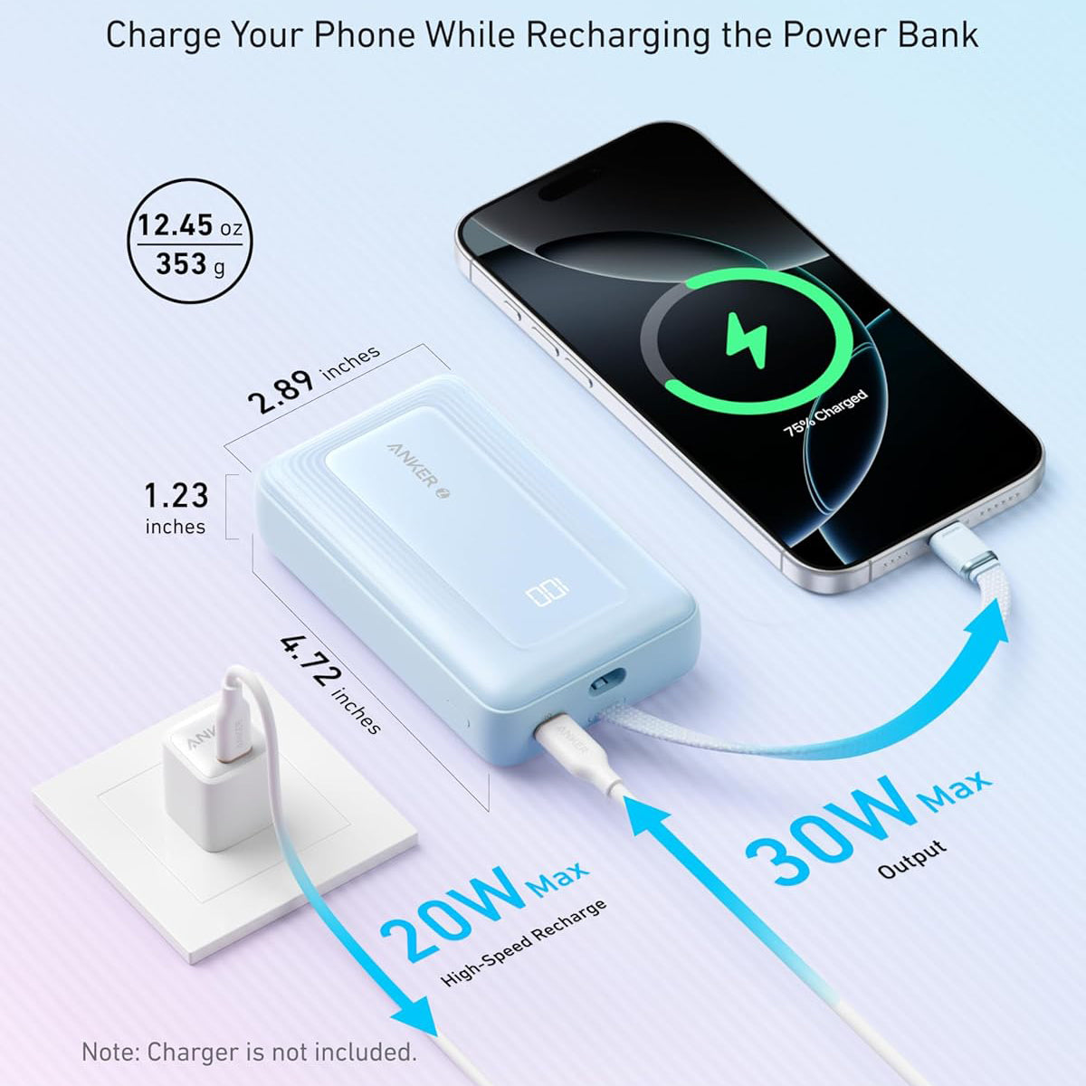 Externt batteri Anker Zolo, 20000mAh, 30W, QC + PD, 1 x USB-A - 2 x USB-C, Blå A1689031