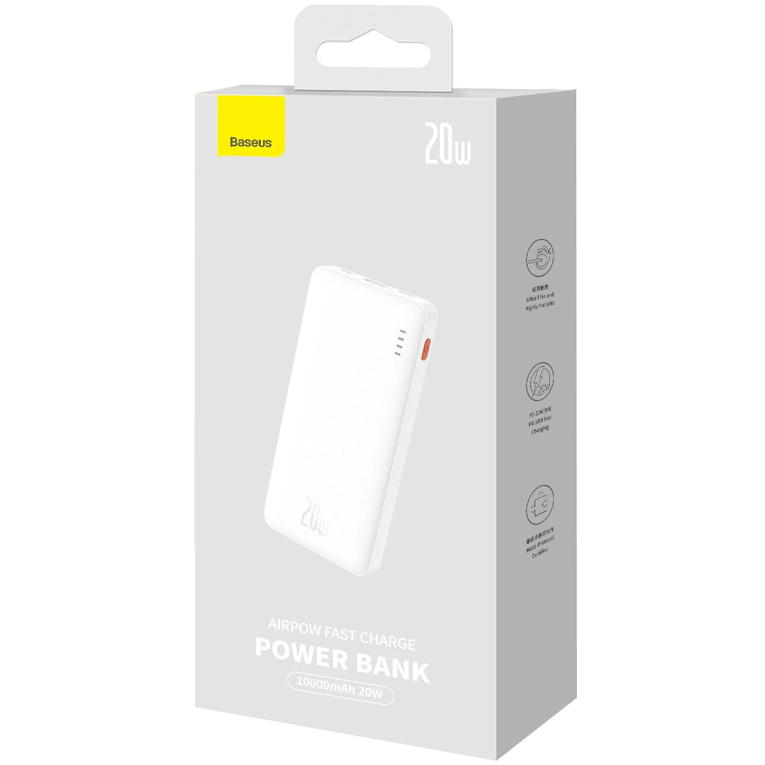 Extern batteri Baseus Airpow, 10000mAh, 20W, QC + PD, 1 x USB-A - 1 x USB-C, Vit