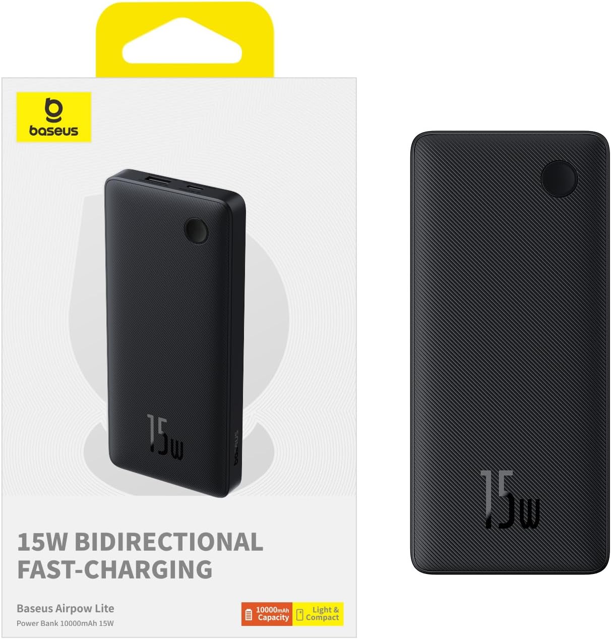 Baseus Airpow Lite Externt batteri, 10000mAh, 15W, 1 x USB-A - 1 x USB-C, Svart P10067500123-00