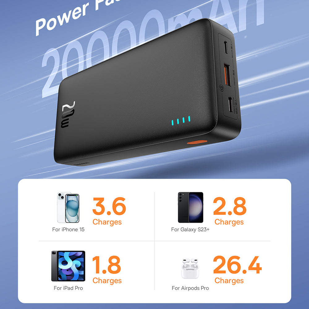 Extern batteri Baseus Airpow, 20000mAh, 20W, QC + PD, 1 x USB-A - 1 x USB-C, Svart P10022804113-00