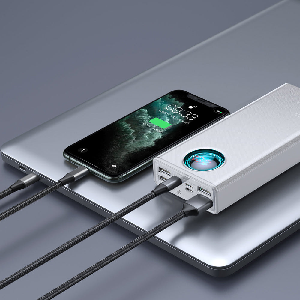 Extern batteri Baseus Amblight Digital Display, 30000mAh, 65W, QC + PD, 1 x USB-C - 4 x USB-A, Vit PPLG000102