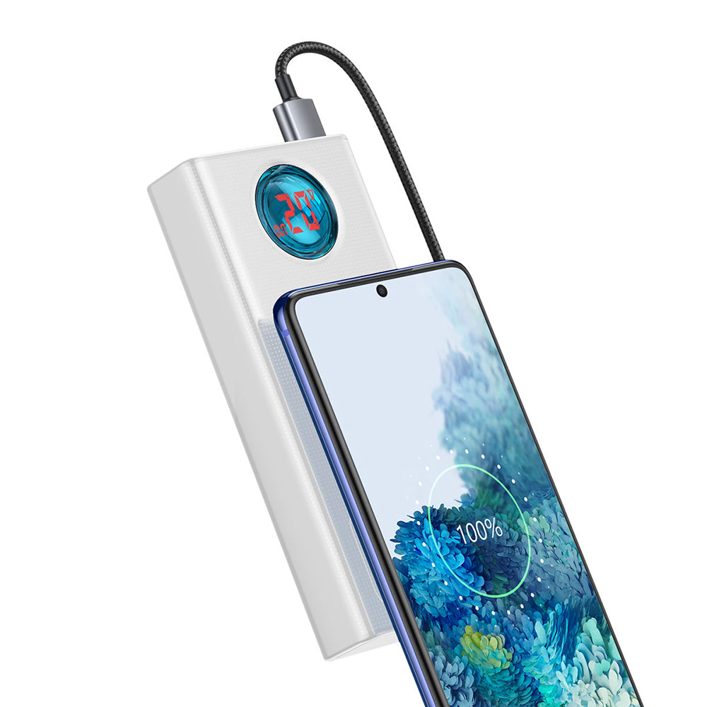 Extern batteri Baseus Amblight Digital Display, 30000mAh, 65W, QC + PD, 1 x USB-C - 4 x USB-A, Vit PPLG000102