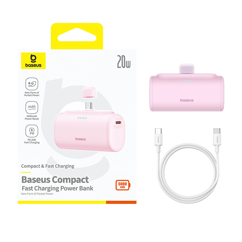 Extern batteri Baseus Compact, 5000mAh, 20W, PD, 2 x USB-C, Rosa P10068306413-00