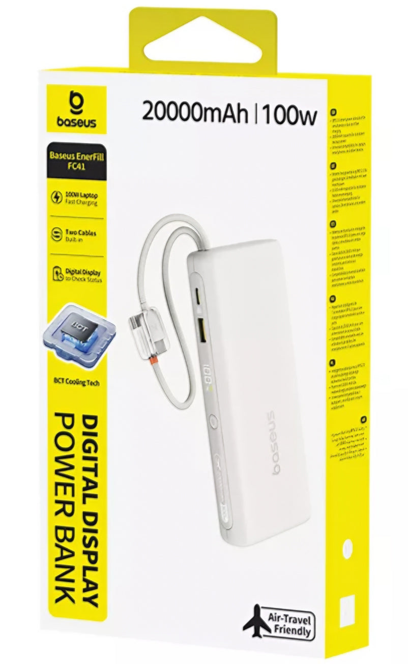 Externt Batteri Baseus EnerFill FC41, 20000mAh, 100W, QC + PD, 1 x USB-A - 3 x USB-C, Vit E0028N04