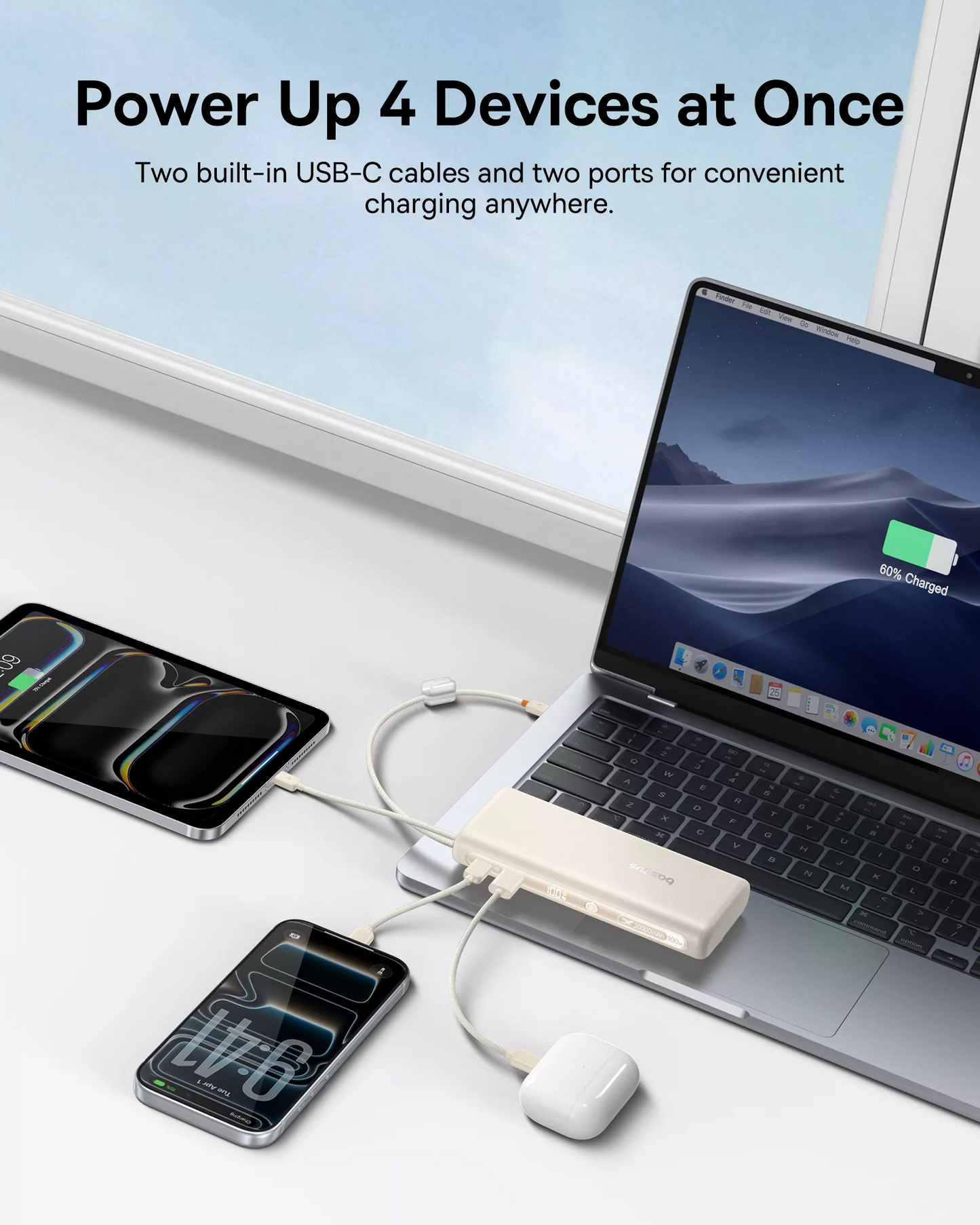 Externt Batteri Baseus EnerFill FC41, 20000mAh, 100W, QC + PD, 1 x USB-A - 3 x USB-C, Vit E0028N04