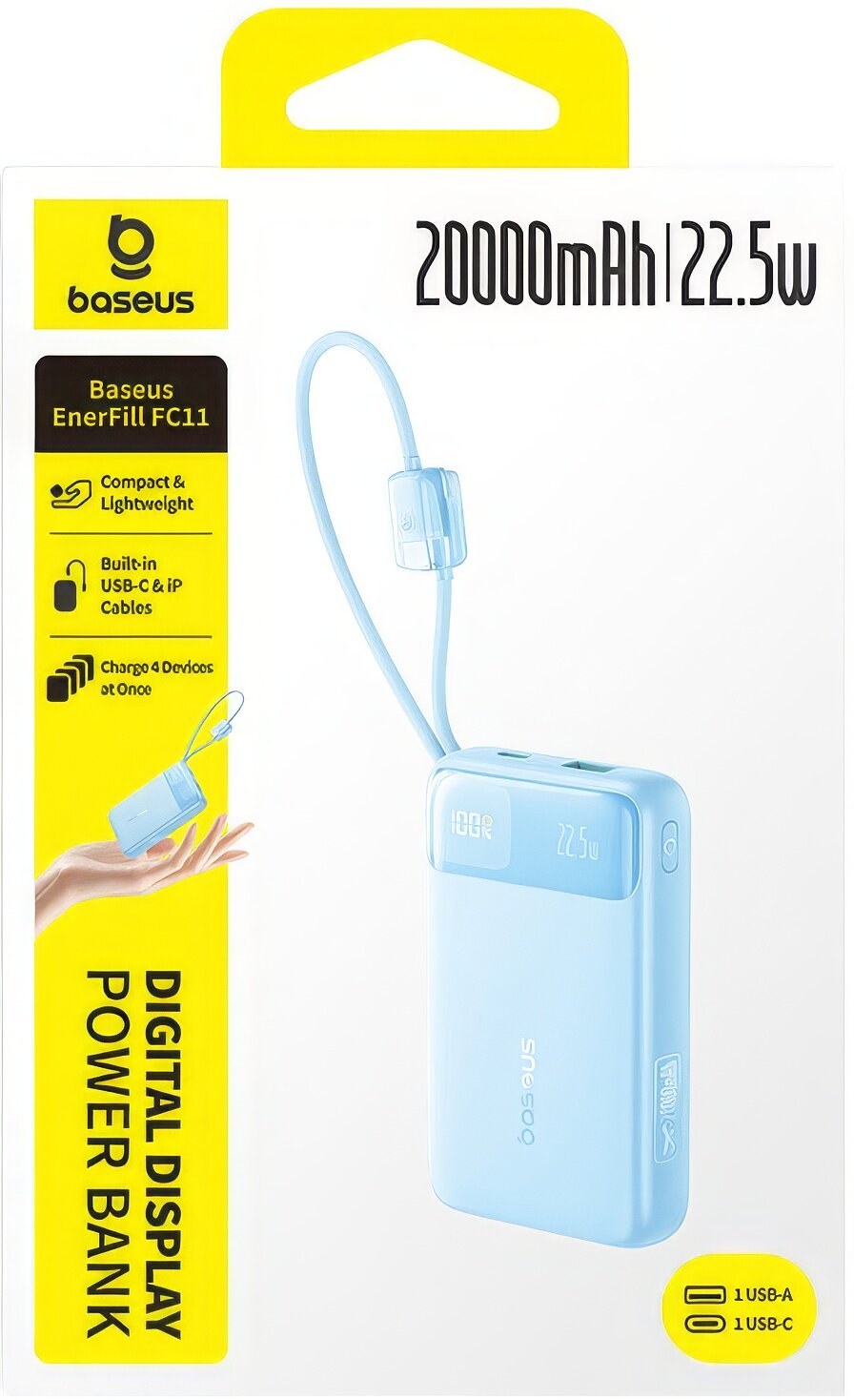 Externt batteri Baseus EnerFill FC11, 20000mAh, 22.5W, QC + PD, 1 x Lightning - 1 x USB-A - 2 x USB-C, Blå E0027S06