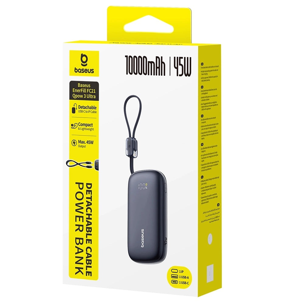 Baseus EnerFill FC21 Qpow 3 Ultra External Battery, 10000mAh, 45W, QC + PD, 1 x USB-A - 1 x USB-C, Black E0027Q00
