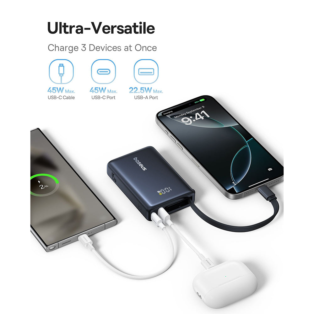 Extern batteri Baseus PicoGo, 10000mAh, 45W, QC + PD, 1 x USB-A - 2 x USB-C, Svart P10076803123-00