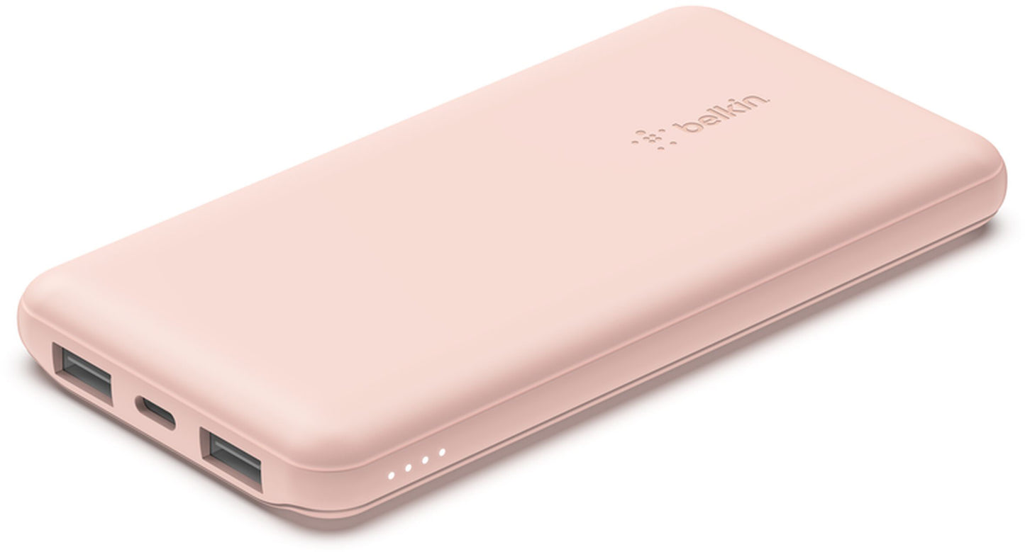 Belkin BoostCharge Extern Batteri, 10000mAh, 15W, 1 x USB-C - 2 x USB-A, Rosa BPB011btRG