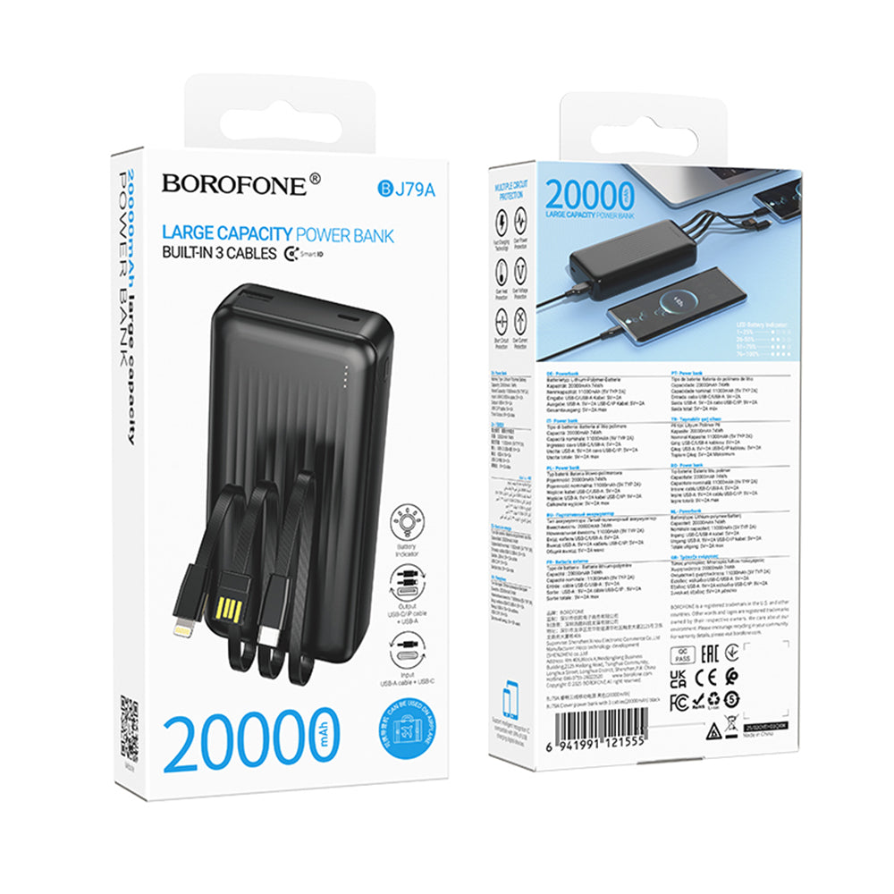 Extern batteri Borofone BJ79 Clever, 20000mAh, 10W, 1 x Lightning - 1 x USB-A - 1 x USB-C, Svart