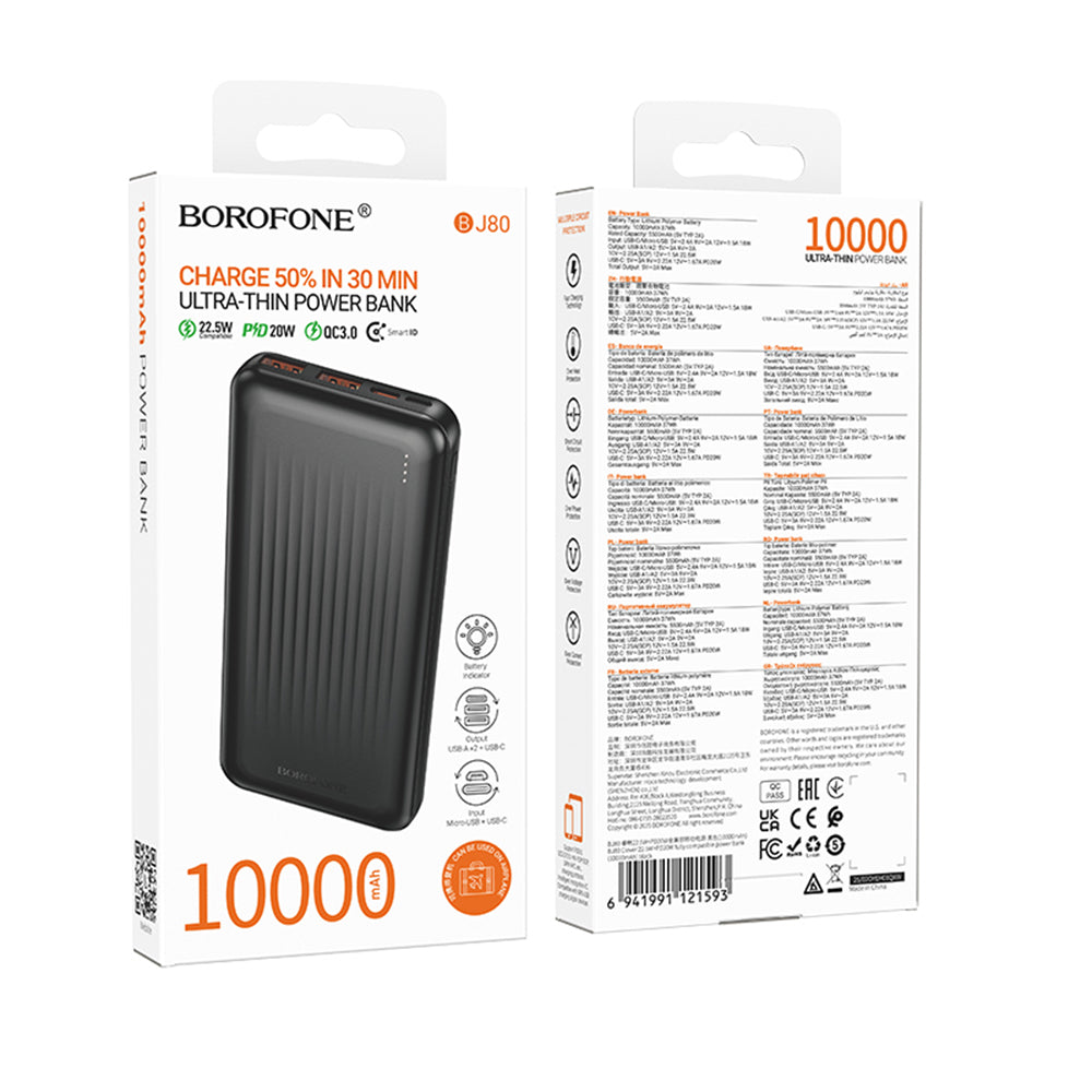 Extern batteri Borofone BJ80A Clever, 10000mAh, 22.5W, QC + PD, 1 x USB-C - 2 x USB-A, Svart