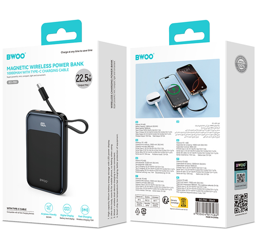 Trådlös Extern Batteri BWOO BO-P80, 10000mAh, 22,5W, PD + FQI, 1 x QI - 2 x USB-C, Svart