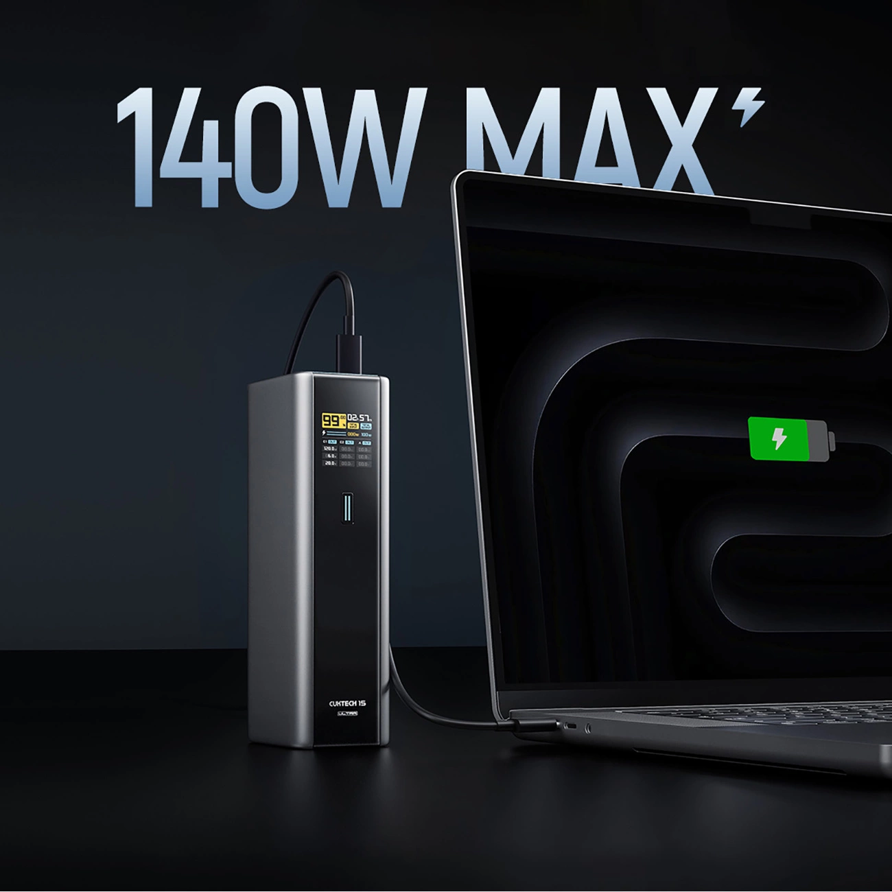 Extern batteri Cuktech, 20000mAh, 210W, QC + PD, 1 x USB-A - 2 x USB-C, Grå CKPB200UGLGR