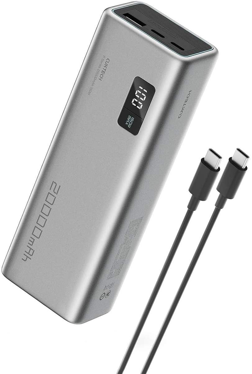 Extern batteri Cuktech P+ No.15, 20000mAh, 150W, QC + PD, 1 x USB-A - 2 x USB-C, Grå CUKPB200GLBK