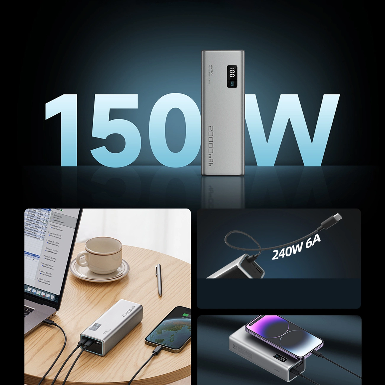 Extern batteri Cuktech P+ No.15, 20000mAh, 150W, QC + PD, 1 x USB-A - 2 x USB-C, Grå CUKPB200GLBK