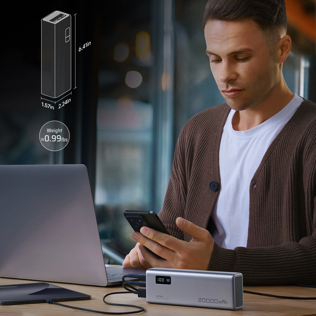 Extern batteri Cuktech P+ No.15, 20000mAh, 150W, QC + PD, 1 x USB-A - 2 x USB-C, Grå CUKPB200GLBK