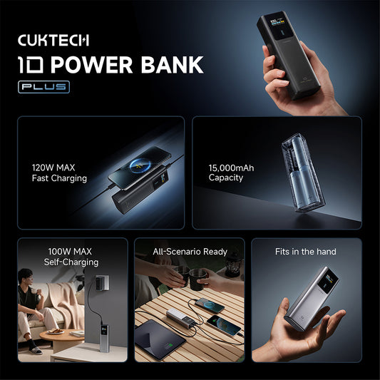 Extern batteri Cuktech PB150P, 15000mAh, 120W, QC + PD, 1 x USB-A - 2 x USB-C, Grå CKPB150POSGR