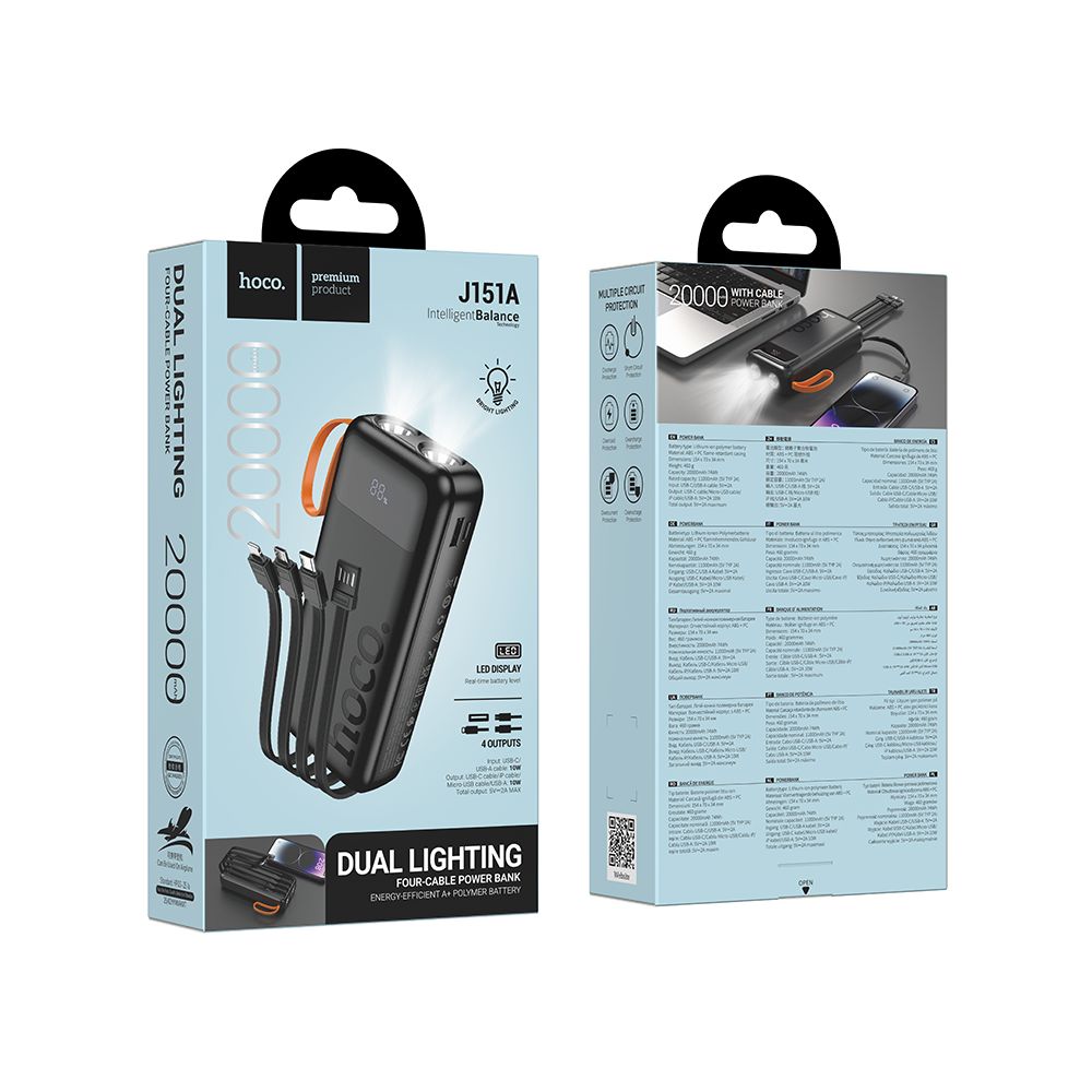 Extern batteri HOCO J151A, 20000mAh, 10W, 1 x Lightning - 1 x microUSB - 1 x USB-A - 1 x USB-C, Svart