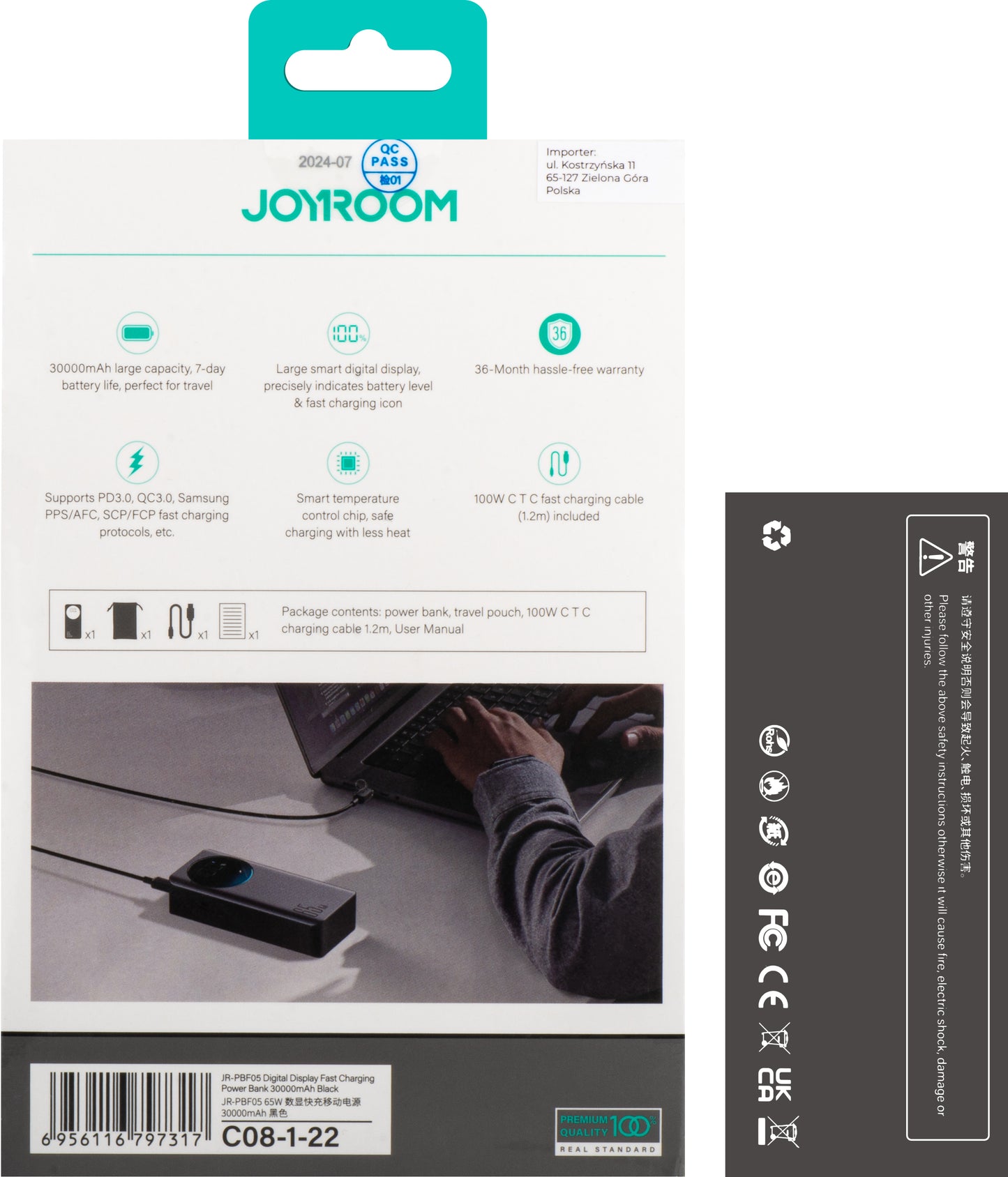 Extern batteri Joyroom JR-PBF05, 30000mAh, 65W, QC + PD, 1 x USB-A - 2 x USB-C, Svart