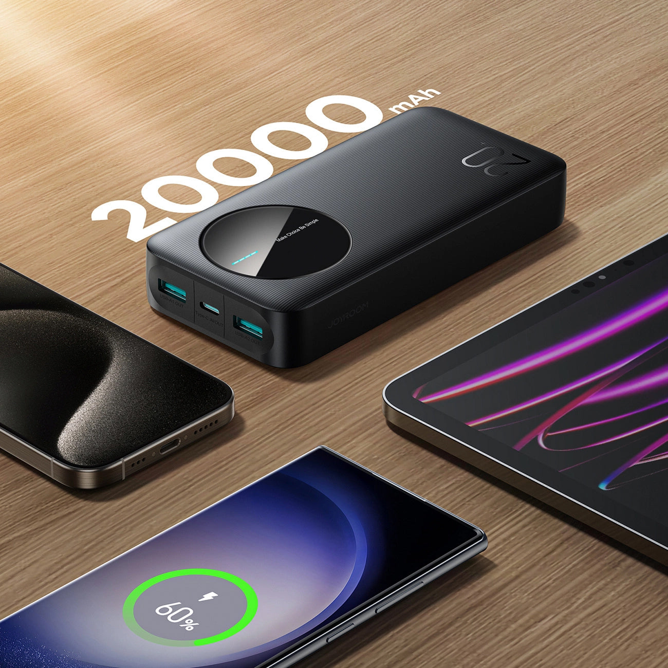 Extern batteri Joyroom JR-PBF14, 20000mAh, 12W, 1 x USB-C - 2 x USB-A, Svart