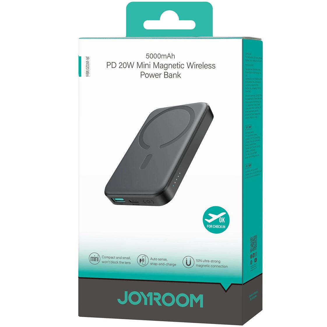 Trådlös Extern Batteri Joyroom JR-W020 Mini, 5000mAh, 20W, QC + PD + FQI, 1 x QI - 1 x USB-A - 1 x USB-C, Svart