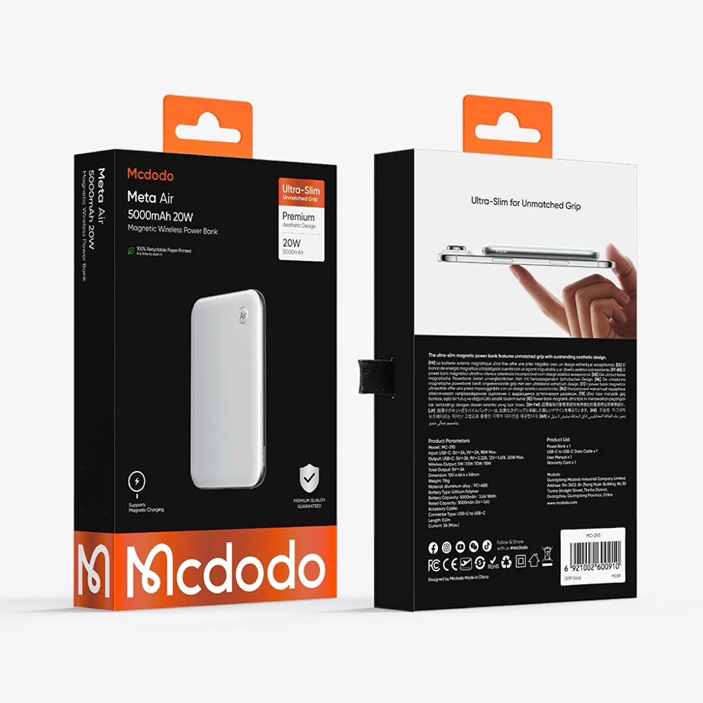 Trådlös Extern Batteri McDodo MC-2931 Meta Air, 5000mAh, 20W, PD + FQI, 1 x QI - 1 x USB-C, Svart