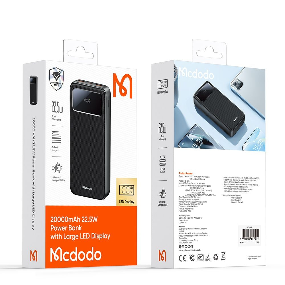 Extern batteri McDodo MC-4230, 20000mAh, 22.5W, QC + PD, 2 x USB-A - 1 x USB-C, Svart